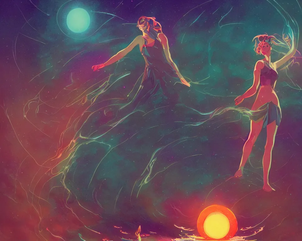 Prompt: beautiful determined goddess standing on a lake basking in the moonlight, conjuring a demon, underneath a multi-colored binary blackhole with an accretion disc, glowing trails following her arms, wearing professional makeup, synthwave, by Lois van Baarle, by Greg Rutkowski, by artgerm, by beeple, by studio ghibli, cinematic angle, volumetric lighting, 4k resolution, octane render, trending on artstation, masterpiece