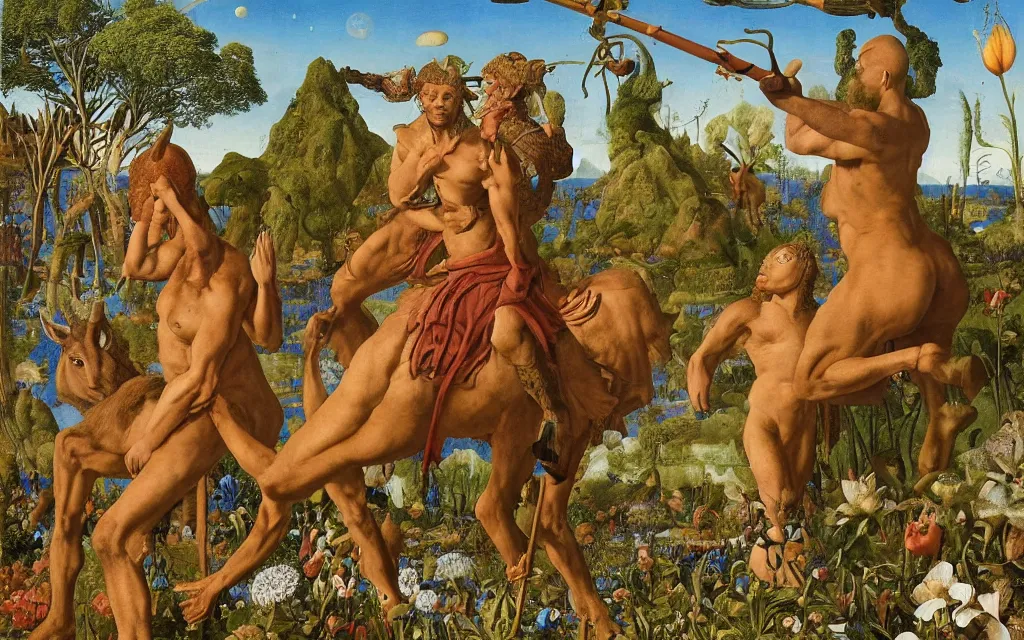 Image similar to a portrait photograph of a meditating satyr and a centaur monk riding a rocket machine and hunting at a river delta. surrounded by bulbous flowers and trees. mountain range under a blue sky of fiery stars. by jan van eyck, max ernst, ernst haeckel, ernst fuchs and artgerm, cgsociety, fashion editorial, 8 k