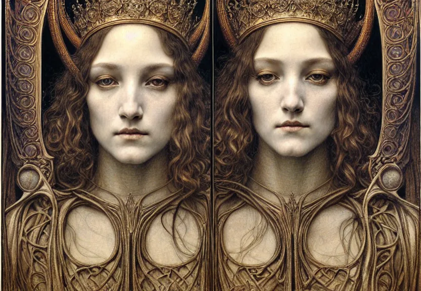 Image similar to detailed realistic beautiful young medieval queen face portrait by jean delville, gustave dore and marco mazzoni, art nouveau, symbolist, visionary, gothic, pre - raphaelite. horizontal symmetry