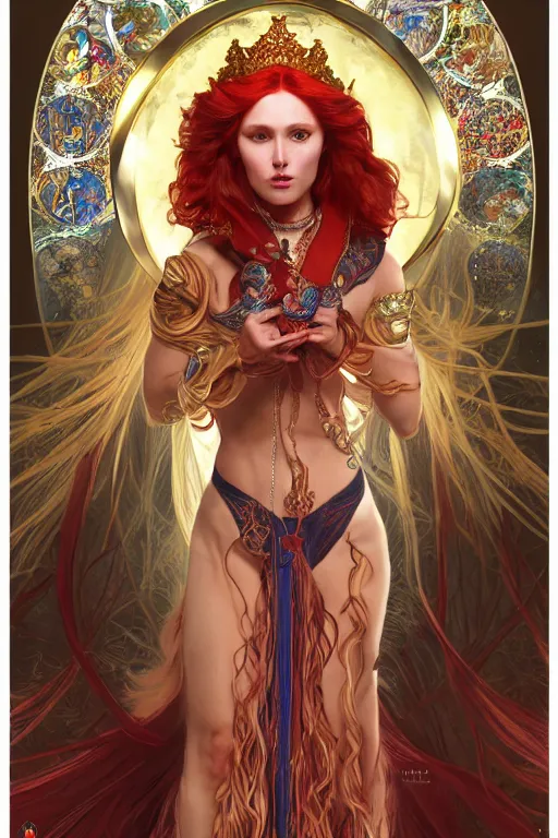 Image similar to a full body tarot card of the red haired tjocc empress of eternity, space, universe, portrait, highly detailed, deep focus, elegant, digital painting, smooth, sharp focus, illustration, ultra realistic, 8 k, art by artgerm and alphonse mucha