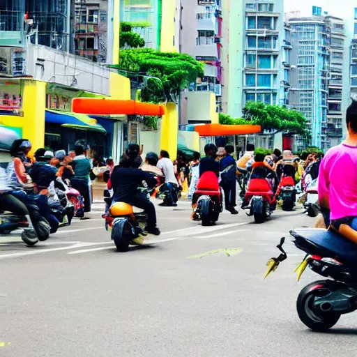 Prompt: action shot of scooter riders in taiwan