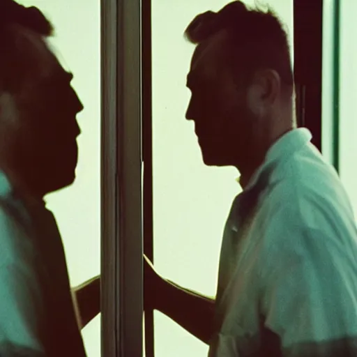 Image similar to Man holding hands with his reflection in the mirror, award winning movie still, 35 mm, cinematic, Blumhouse