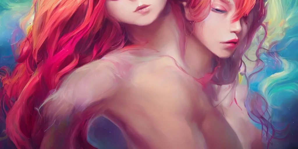 Image similar to a colorful and provenance portrait painting of a fantasy female pretty anime girl in bikini, detailed, highly detailed, hair made of hair made of air wind and curling smoke, mist, dust, genie, spirit fantasy concept art ， art by charlie bowater, trending on artstation.