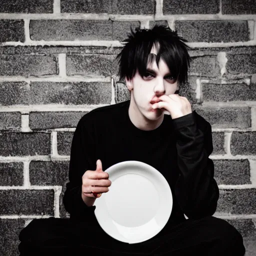 Prompt: satanic emo e - boy eating a plate of hopeless platitudes