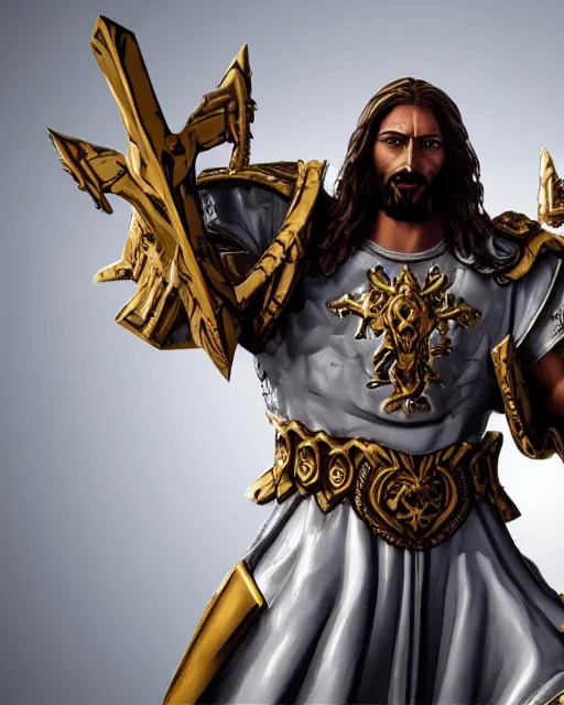 Image similar to Stylized Artistic Render of Jesus wearing the God emperor of mankind's armor warhammer