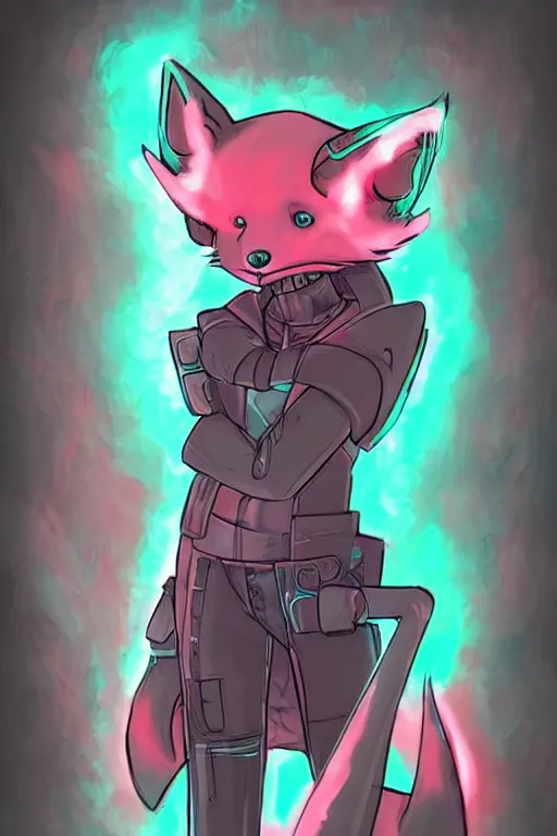 Image similar to a cyberpunk anthropomorphic fox with a fluffy tail, comic art, trending on furaffinity, cartoon, kawaii, backlighting, furry art!!!, neon, concept art