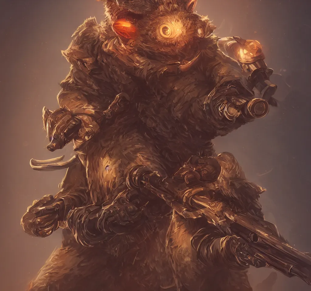 Prompt: a highly detailed illustration of a anthropomorphic rat wearing a long coat holding a wooden shotgun, glowing eyes, dramatic standingm muscular, intricate, elegant, highly detailed, centered, digital painting, artstation, concept art, smooth, sharp focus, league of legends concept art, wlop