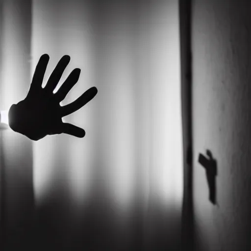 Prompt: a disembodied 5 - fingered white gloved hand sticking out from behind a dark doorway, waving at a terrified boy watching tv in a living room, cinematic lighting, dark living room, doorway with the gloved hand in the distance, haunted, scary