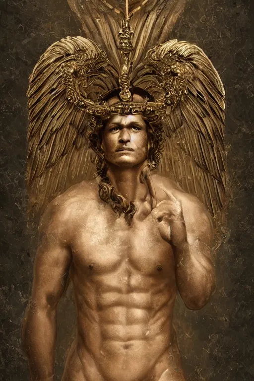 Image similar to a dog as god with a radiant halo and wings, detailed face, gorgeous, flowing hair, very muscular male body, partial anatomy, stormy and grand war scene, delicate and intricate borders for decoration, caesar victorious, proud Emperor, split lighting, intricate, highly detailed, 8K, digital painting, fantasy, concept art, sharp focus, close-up, art by greg rutkowski beeple and alphonse mucha