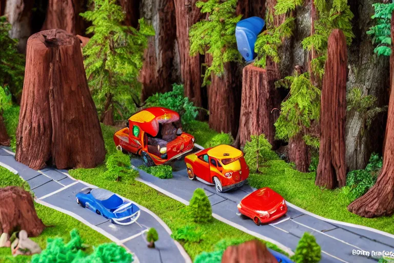 Image similar to fisher price redwood forest, california scene from tv show hyper detailed 5 5 mm 8 5 mm, toy photography, made out of plastic