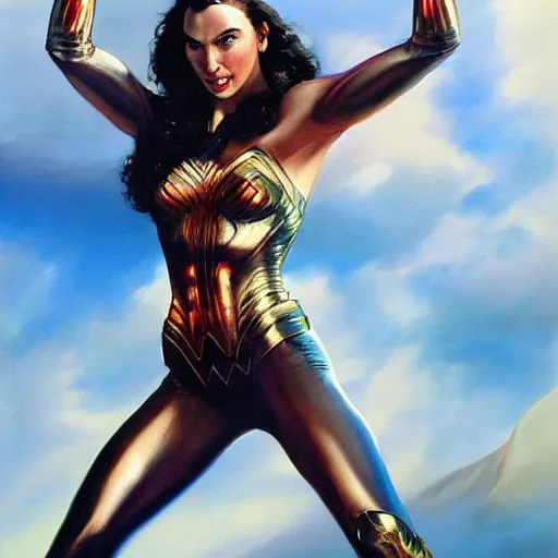 Prompt: a striking hyper real painting of Gal Gadot by boris vallejo. full body