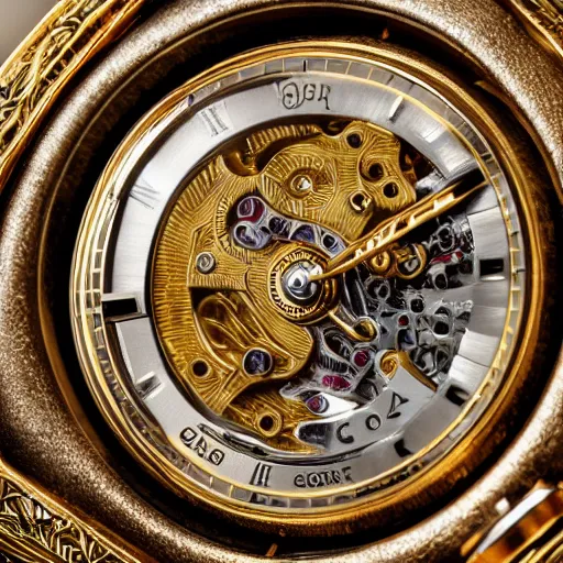 Prompt: a macro photo of a very beautiful gold and silver mechanical wristwatch, close - up, intricately detailed engravings, intricately detailed markings, intricate textures, warm lighting, vivid colors, realistic octane render, hyper realistic render, volumetric shading, depth of field, raytracing, 8 k,