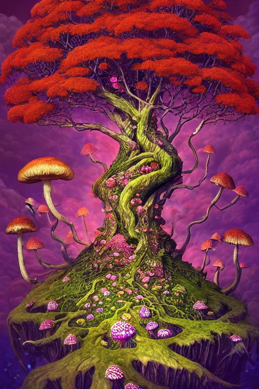 Prompt: a beautiful digital illustration painting of a detailed fantasy tree trunk and roots, psychedlic trippy mushroom, flowers by benoit b. mandelbrot, steven belledin, martin johnson heade, lee madgwick, caspar david friedrich, and david rios ferreira. 8 k resolution trending on artstation concept art digital illustration