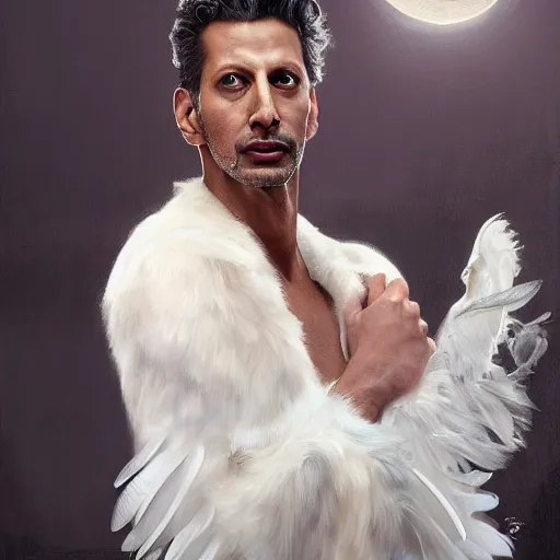 Image similar to hyperrealistic portrait of a man as jeff goldblum posing to noir moon in a white swan dress wearing sapphire jewellery with long feather collar by jeremy mann and alphonse mucha, fantasy art, photo realistic, dynamic lighting, artstation, poster, volumetric lighting, very detailed faces, 4 k, award winning