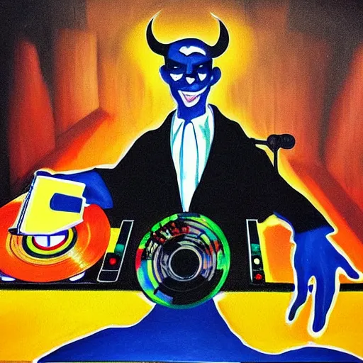 Image similar to painting of the devil as a dj with hand on record spinning