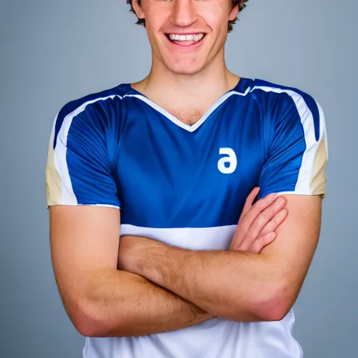 Prompt: photographic portrait of a young white male smiling with short brown hair that sticks up in the front, blue eyes, groomed eyebrows, tapered hairline, sharp jawline, wearing a purple white volleyball jersey, sigma 85mm f/1.4, 35mm, 4k, high resolution, 4k, 8k, hd, full color