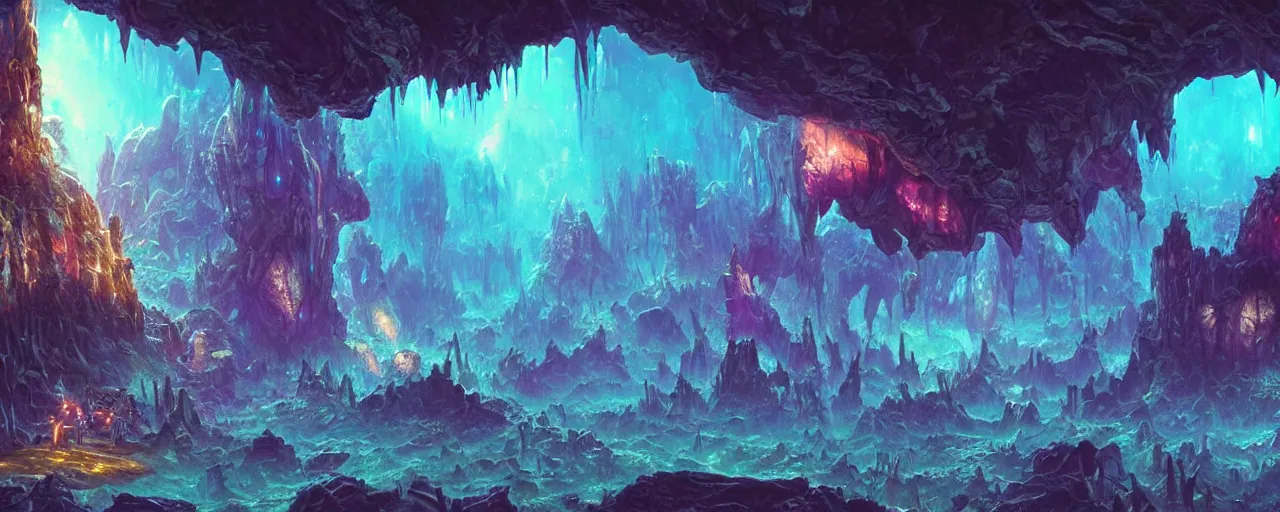 Image similar to ” crystal caverns alien landscape, [ beautiful, cinematic, detailed, epic, widescreen, opening, establishing, mattepainting, photorealistic, realistic textures, octane render, art by slop and paul lehr ] ”