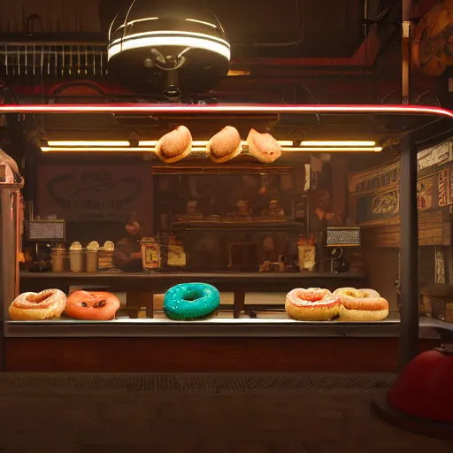 Prompt: Donuts on display at a USA western saloon in the 1800s, robot barkeep, muted cyberpunk style, tranquil, busy but lonely, atmospheric, hazy, sweltering, autochrome, 8k, reflections, octane render, unreal engine 5, in the style of Cézanne