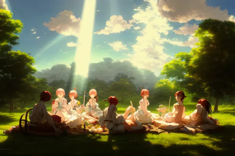 Image similar to baroque oil painting of anime key visual concept art of anime maids having a picnic in rolling green plains, sunrays breaking through clouds, grimdark steampunk high fantasy, trending on artstation, brush strokes, oil on canvas, style of makoto shinkai and greg rutkowski and studio ghibli