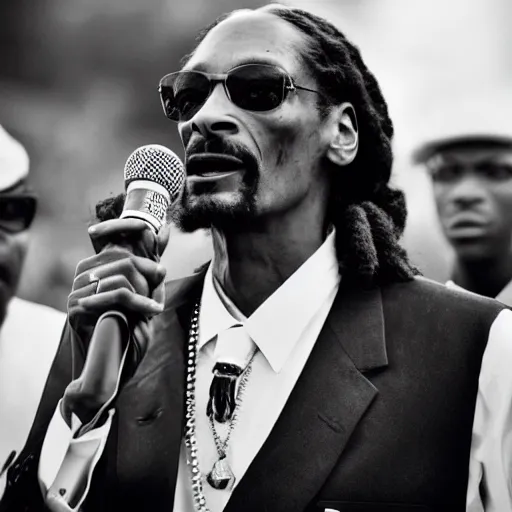 Image similar to vintage photograph of Snoop Dogg speaking at the Million Man March, Sigma 40mm, portrait, black and white