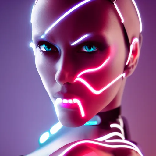 Image similar to an immaculate octane redshift high key lighting headshot rendering of an attractive pale curvy cybernetic goth woman with embedded LEDs, a cybernetic eye, and an exoskeleton.