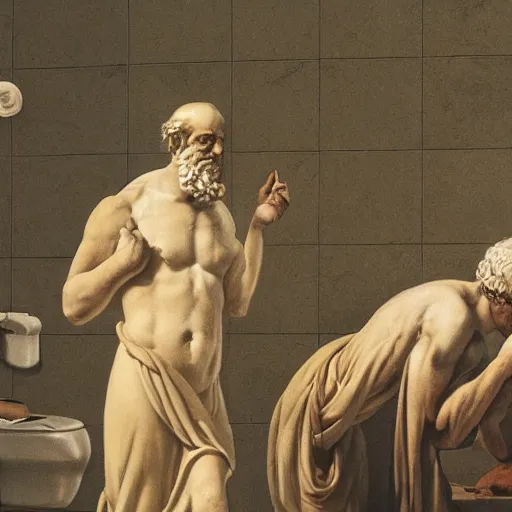 Prompt: greek philosophers in a bathroom