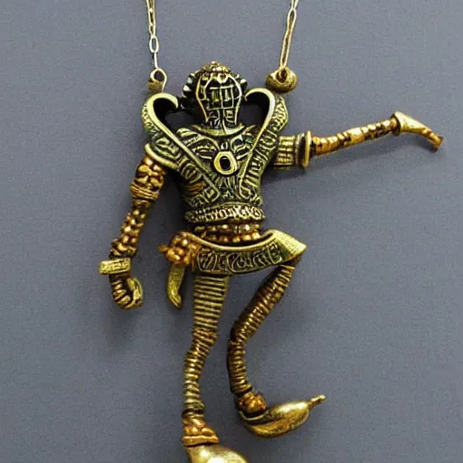 Prompt: A genie that is made of metal who's wearing a gaudy necklace