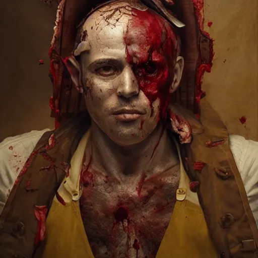 Image similar to portrait painting of a bloodied male butcher with with apron and cleaver, ultra realistic, concept art, intricate details, eerie, highly detailed, photorealistic, octane render, 8 k, unreal engine. art by artgerm and greg rutkowski and alphonse mucha