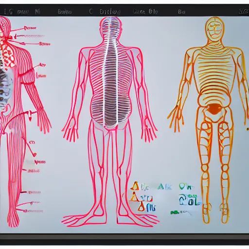 Prompt: Biomatric displayed using vector wireframe of human body showing dials, graphs , markers, heart rate