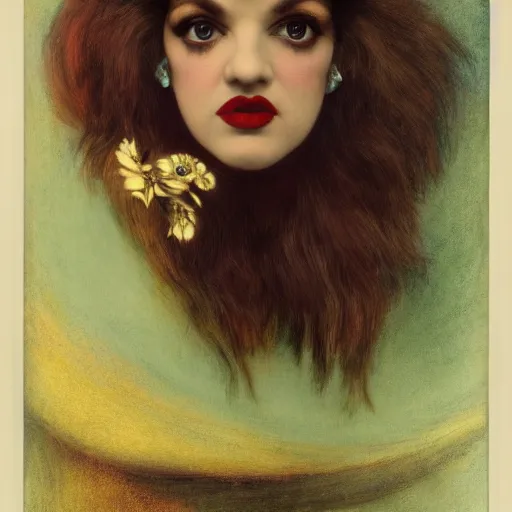 Image similar to portrait of a hybrid of judy garland and lady gaga, brown fringe, large full hollywood lips, large downslanted eyes, holman hunt, john william waterhouse, kilian eng, rosetti, john everett millais, william holman hunt, 4 k