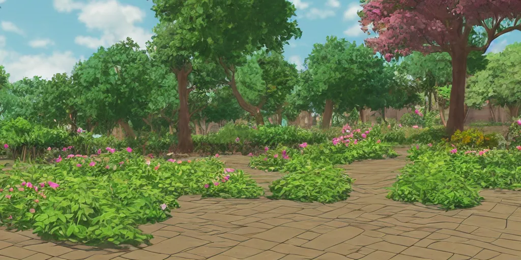 Image similar to a visual novel background, depicting a garden, without people