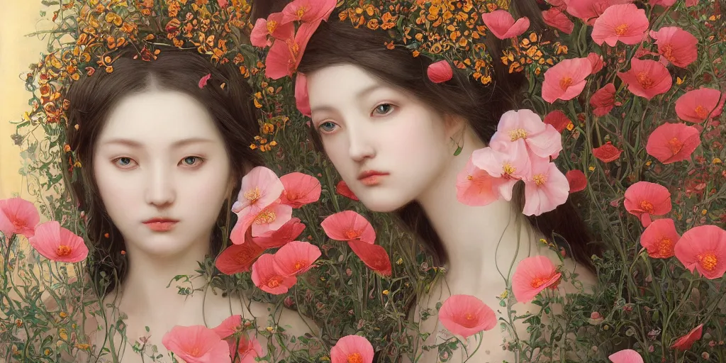 Prompt: breathtaking detailed concept art painting of the goddess of poppy flowers, orthodox saint, with anxious, piercing eyes, ornate background, amalgamation of leaves and flowers, by hsiao - ron cheng and john james audubon and miho hirano, extremely moody lighting, 8 k