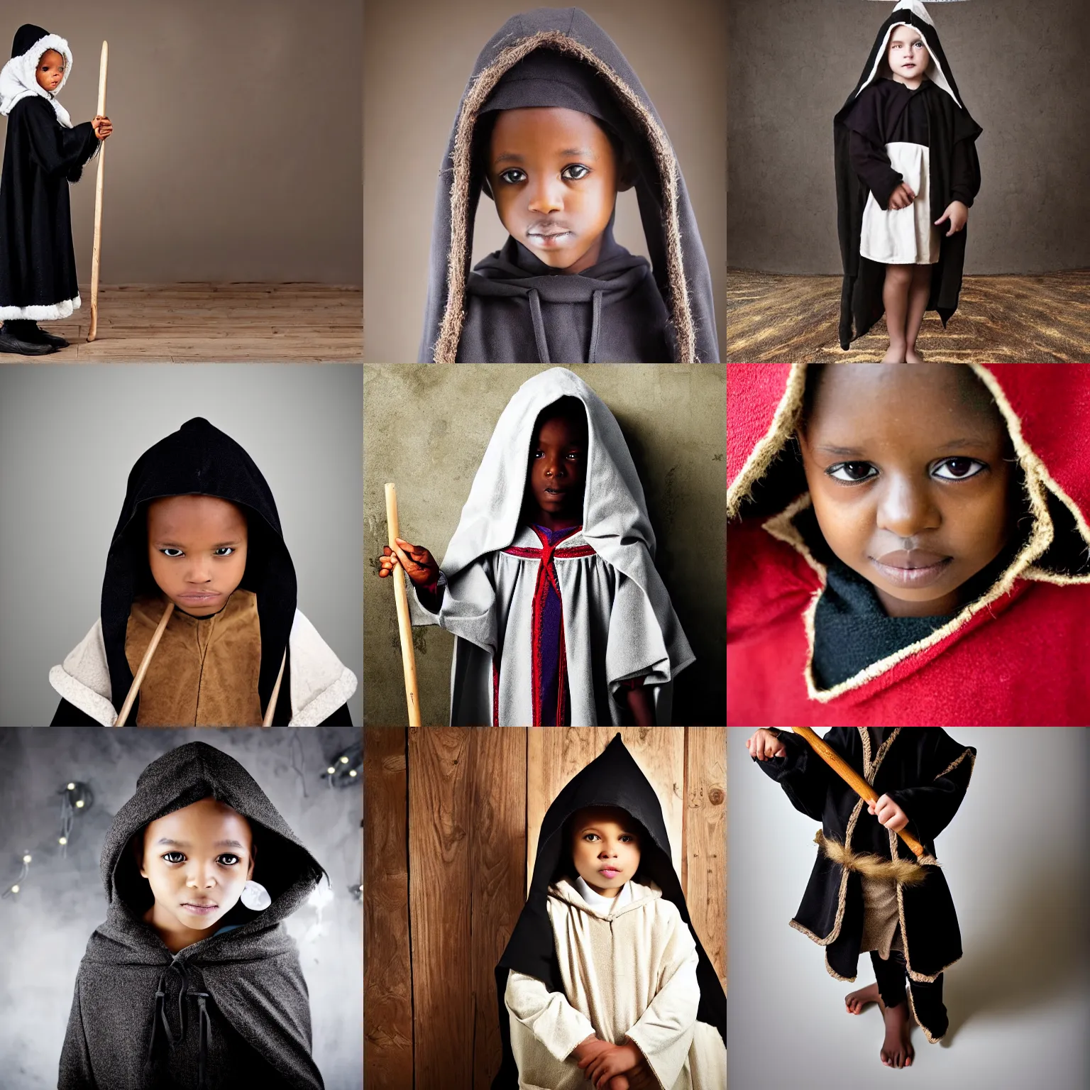 Prompt: black child dressed as shepherd for a nativity play, hooded cloak, shepherd's crook, photo, indoors, mm, iso, trending