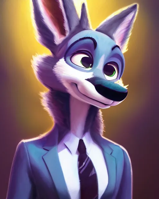 Image similar to oil painting of anthromorphic female wolf, in style of zootopia, zootopia, zootopia, fursona, furry, furaffinity, 4 k, deviantart, furry art, fursona art, wearing black business suit, business suit, in style of zootopia, wolf fursona, cyberpunk, female, expressive detailed feminine face,