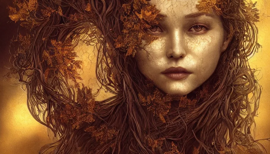 Image similar to golden leaves at frame border, creative!!! composition for a book cover!!!, absurdly beautiful, ultrafine hyperrealistic detailed old!! witch face by wlop and artgerm and greg rutkowski, intricate linework, sharp focus, smooth, octopath traveler, final fantasy, unreal engine, dramatic lighting, ethereal, 8 k