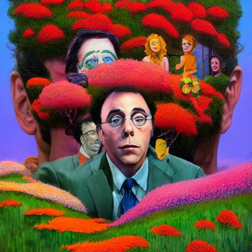 Prompt: Seinfeld made out of flowers, surreal landscaping in the background, portrait by Esao Andrews, concept art, existential horror, 4k HD, trending on ArtStation episode