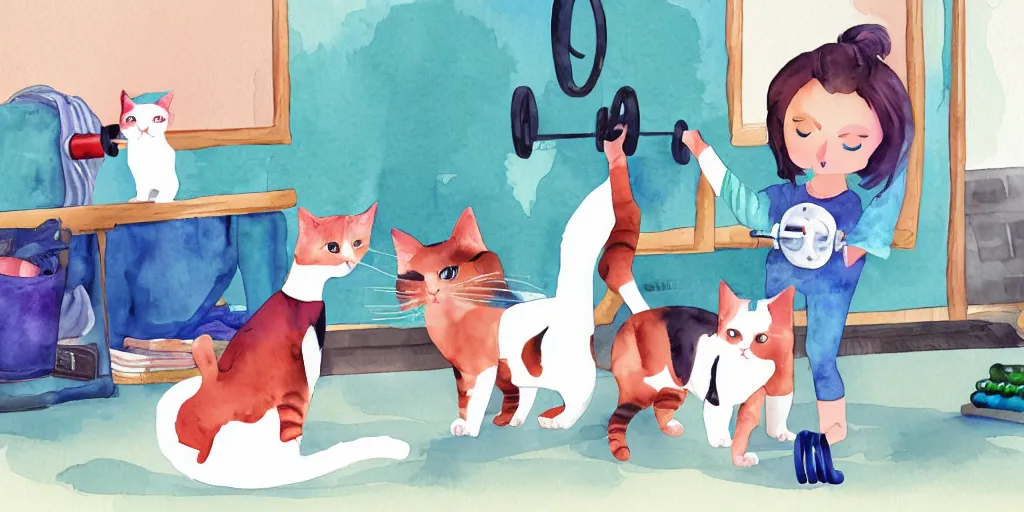 Image similar to watercolor illustration style, cute cat trainer training other cute cats in the fitness studio environment