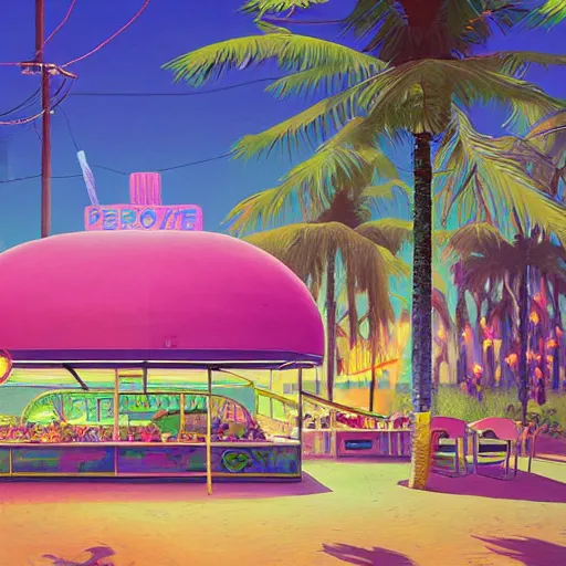 Image similar to inside psychedelic beachfront fast food restaurant with palm trees by simon stalenhag