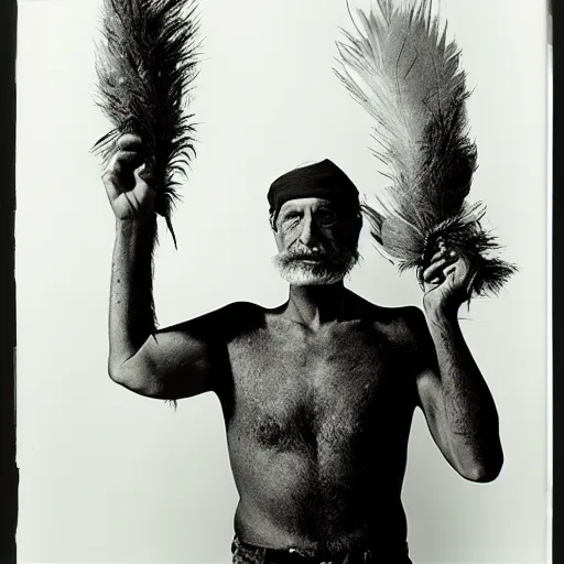 Image similar to a feathered man holding a log, large format film photo by richard avedon