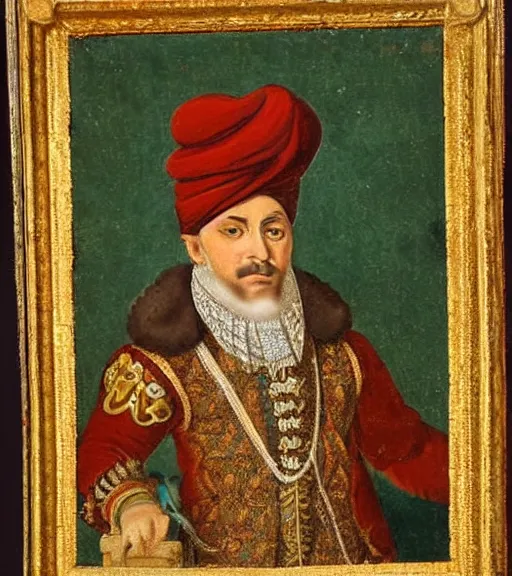 Image similar to 1 8 th century ottoman portrait of a filthy sultan with a turban, living in a giant palace, highly detailed