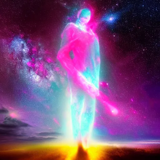 Image similar to a towering godlike apparition in the shape of a human, made of smoke and fog, backlit by pink, purple, red, blue neon lighting, nebulas, backround of stars and galaxies