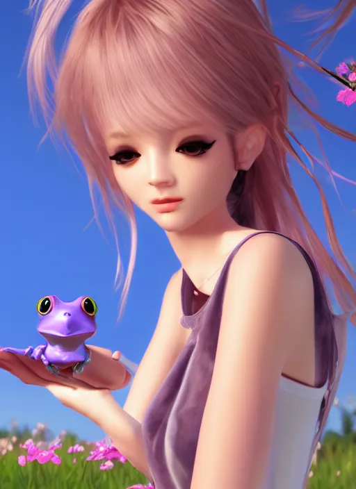 Image similar to ai 3 d girl in metaverse ; sitting in the park and holding a frog ; apricot and purple colors ; unreal engine ; wide angle ; 3 d ; highly detailed