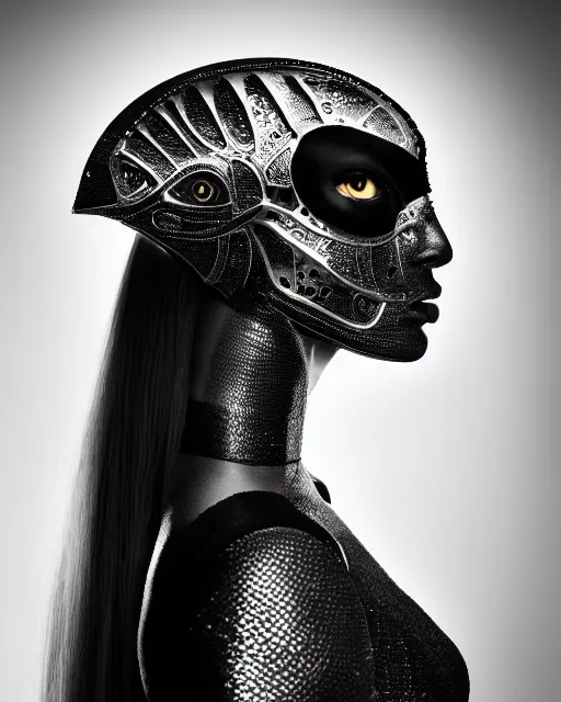 Image similar to a profile portrait, a stunning young woman - cyborg with a mutant crow head, editorial photography, bw, shot on 7 0 mm, depth of field, f / 2. 8, high contrast, 1 6 k, volumetric lighting, shiny, insanely detailed and intricate, hypermaximalist, elegant, ornate, hyper realistic, super detailed