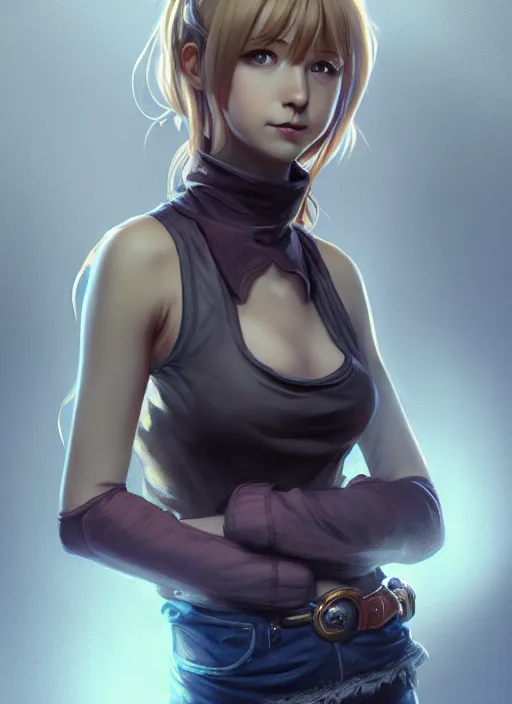 Image similar to portrait of a full body of beautiful young female detective, d & d, sleeveless turtleneck, fantasy, flat lighting, intricate, highly detailed, digital painting, artstation, concept art, smooth, sharp focus, illustration, misa amane, art by simon bisley and greg rutkowski and alphonse mucha, natural tpose