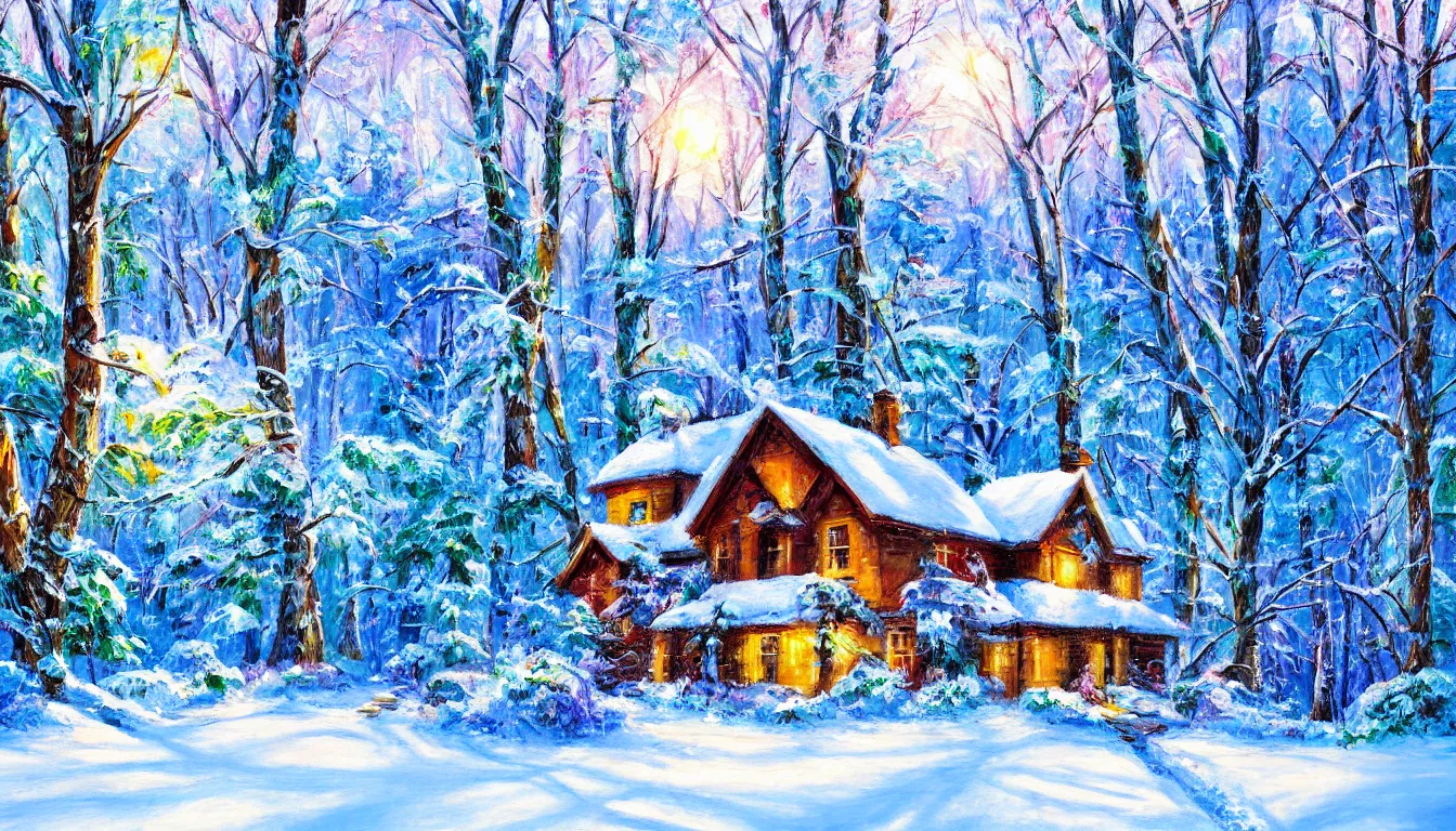 Prompt: ! dream painting of winter blizzard of house in the woods, sunny evening, artistic, brush, strokes, colourfull, very detailed, 4 k