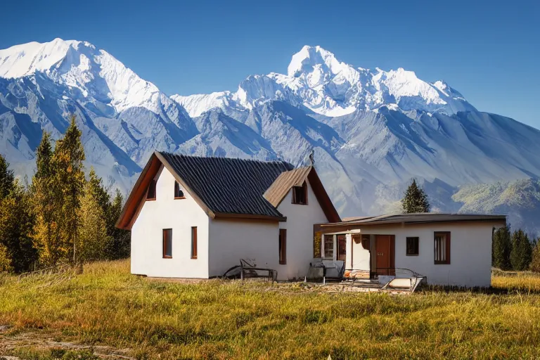 Image similar to architecture photo modern fachwerk house cottage settlement with Elbrus mountain on the background, architecture, photorealism 8k , high details