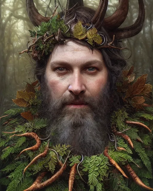 Image similar to forest druid with ram horns and leaves in his beard | highly detailed | very intricate | symmetrical | cinematic lighting | award - winning | closeup portrait | painted by donato giancola and mandy jurgens and brian froud | featured on artstation