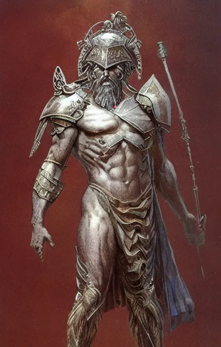 Image similar to zeus god concept, wearing thunder armor, ancient greek ornamented armor, beksinski, weta workshop concept art