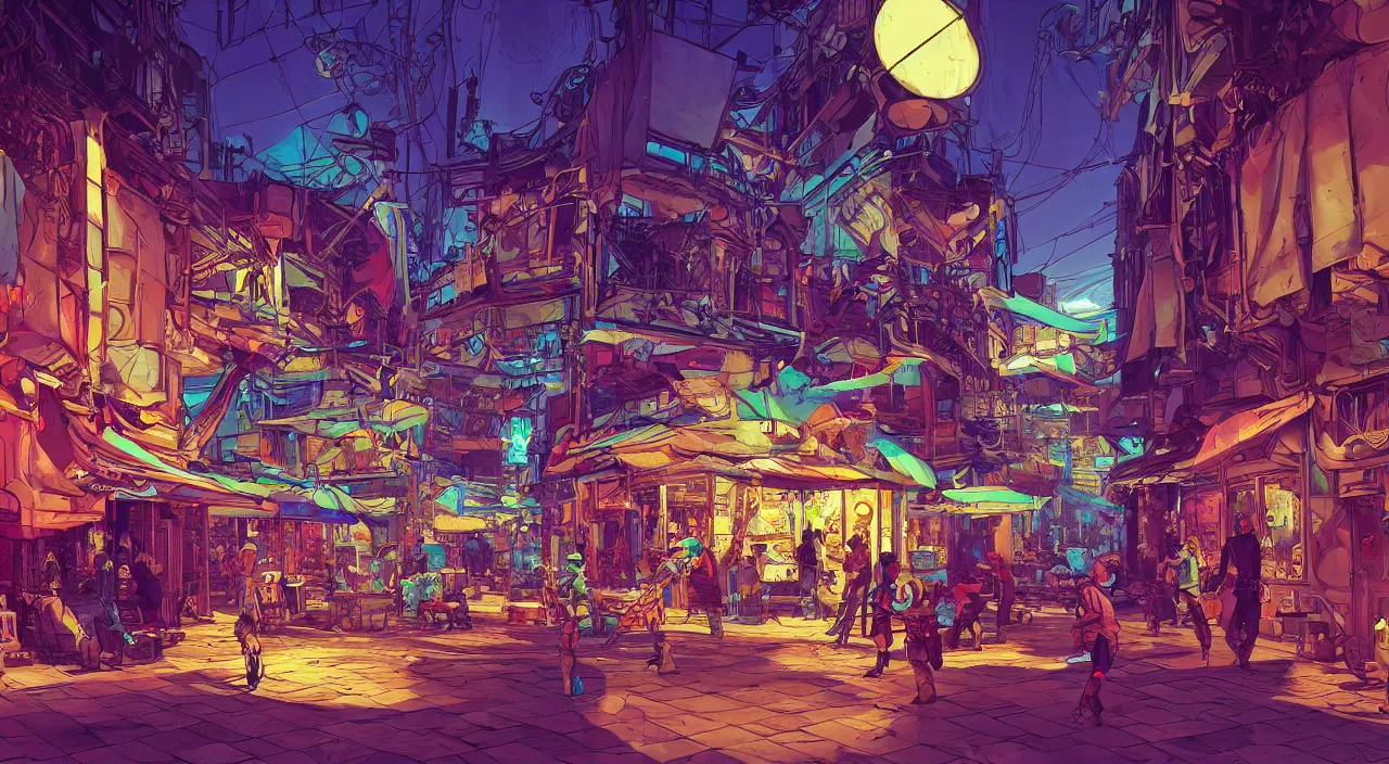 Image similar to bazaar zouk oriantal full color sky shine place mosquet painting stylized digital illustration video game icon global illumination ray tracing that looks like it is from borderlands and by feng zhu and loish and laurie greasley, victo ngai, andreas rocha, john harris