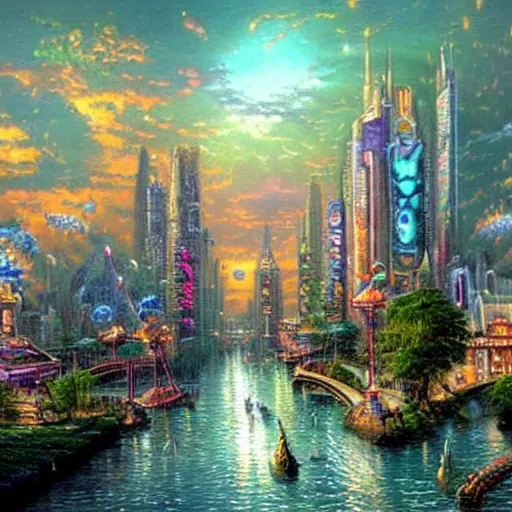Prompt: epic futuristic city with advanced techonology, painted by Thomas Kinkade
